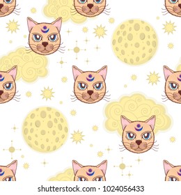 Vector pattern with a cat, moon, stars. Magical and fairy. Suitable for postcards, printing, posters, textiles Cartoon style