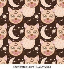 Vector pattern with a cat, moon, stars. Magical and fairy. Suitable for postcards, printing, posters, textiles Cartoon style