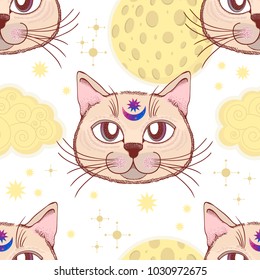 Vector pattern with a cat, moon, stars. Magical and fairy. Suitable for postcards, printing, posters, textiles Cartoon style