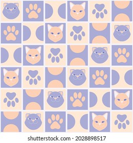 Vector pattern with cat muzzles, paw prints and abstraction. The illustration is purple-orange. For color printing of children's clothes, textiles, paper products, souvenirs.