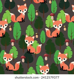 Vector pattern of chanterelles and mushrooms in the forest. Children's colorful print.