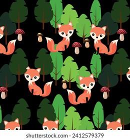 Vector pattern of chanterelles and mushrooms in the forest. Children's colorful print.