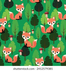 Vector pattern of chanterelles and mushrooms in the forest. Children's colorful print.