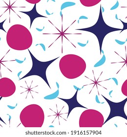 Vector pattern with chaotic four-corner stars, organic shapes, stars in lila, blue and navy color on white background. Seamless pattern.