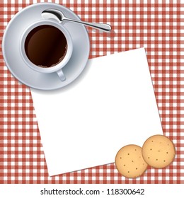 Vector pattern with checkered fabric border, coffee cup and place to place text