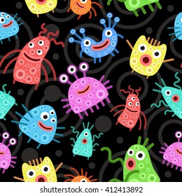 Vector pattern with cheerful and colorful monsters.