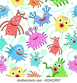 Vector pattern with cheerful and colorful monsters.