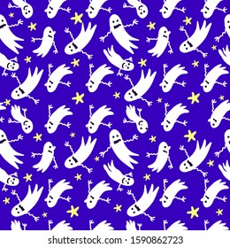 Vector pattern with cheerful ghosts and stars on a blue background. For textile, Halloween holiday, family holiday, background, packaging paper.