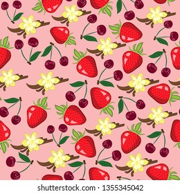 Vector pattern with cherry, strawberry and vanilla