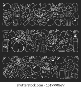 Vector pattern with children eating healthy food. Fruits and vegetables. Kids like milk, dairy products. Pattern for store, mall, menu, cafe, restaurants.