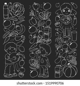 Vector pattern with children eating healthy food. Fruits and vegetables. Kids like milk, dairy products. Pattern for store, mall, menu, cafe, restaurants.