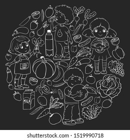 Vector pattern with children eating healthy food. Fruits and vegetables. Kids like milk, dairy products. Pattern for store, mall, menu, cafe, restaurants.