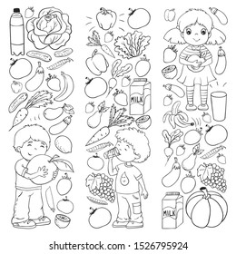 Vector pattern with children eating healthy food. Fruits and vegetables. Kids like milk, dairy products. Pattern for store, mall, menu, cafe, restaurants.