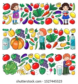 Vector pattern with children eating healthy food. Fruits and vegetables. Kids like milk, dairy products. Pattern for store, mall, menu, cafe, restaurants.