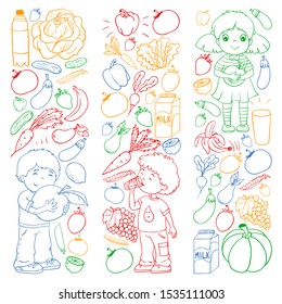 Vector pattern with children eating healthy food. Fruits and vegetables. Kids like milk, dairy products. Pattern for store, mall, menu, cafe, restaurants.
