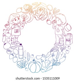 Vector pattern with children eating healthy food. Fruits and vegetables. Kids like milk, dairy products. Pattern for store, mall, menu, cafe, restaurants.