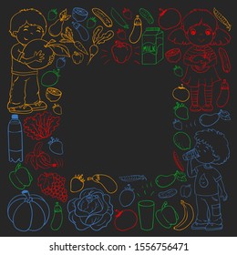 Vector pattern with children eating healthy food. Fruits and vegetables. Kids like milk, dairy products. Pattern for store, mall, menu, cafe, restaurants.