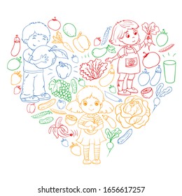 Vector pattern with children eating healthy food. Fruits and vegetables. Kids like milk, dairy products. Pattern for store, mall, menu, cafe, restaurants.