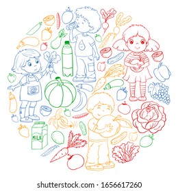 Vector pattern with children eating healthy food. Fruits and vegetables. Kids like milk, dairy products. Pattern for store, mall, menu, cafe, restaurants.