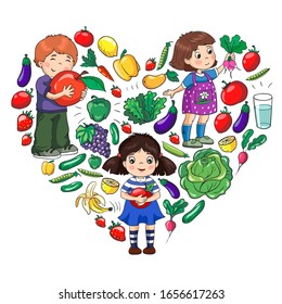 Vector pattern with children eating healthy food. Fruits and vegetables. Kids like milk, dairy products. Pattern for store, mall, menu, cafe, restaurants.