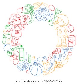 Patrón vectorial con niños comiendo comida saludable.Frutas y verduras. A los niños les gusta la leche, los productos lácteos. Patrón para tiendas, centros comerciales, menús, cafés, restaurantes.