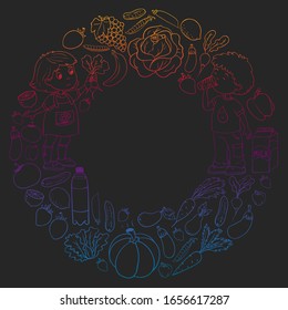 Vector pattern with children eating healthy food. Fruits and vegetables. Kids like milk, dairy products. Pattern for store, mall, menu, cafe, restaurants.