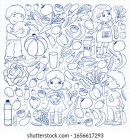 Vector pattern with children eating healthy food. Fruits and vegetables. Kids like milk, dairy products. Pattern for store, mall, menu, cafe, restaurants.