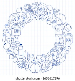 Vector pattern with children eating healthy food. Fruits and vegetables. Kids like milk, dairy products. Pattern for store, mall, menu, cafe, restaurants.