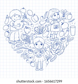 Patrón vectorial con niños comiendo comida saludable.Frutas y verduras. A los niños les gusta la leche, los productos lácteos. Patrón para tiendas, centros comerciales, menús, cafés, restaurantes.