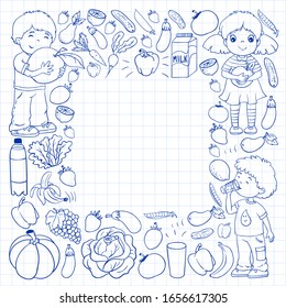 Patrón vectorial con niños comiendo comida saludable.Frutas y verduras. A los niños les gusta la leche, los productos lácteos. Patrón para tiendas, centros comerciales, menús, cafés, restaurantes.