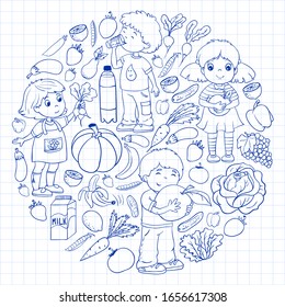 Vector pattern with children eating healthy food. Fruits and vegetables. Kids like milk, dairy products. Pattern for store, mall, menu, cafe, restaurants.