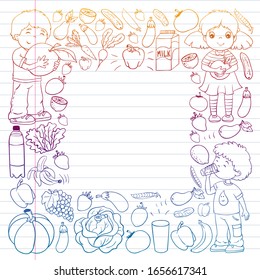 Vector pattern with children eating healthy food. Fruits and vegetables. Kids like milk, dairy products. Pattern for store, mall, menu, cafe, restaurants.