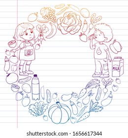 Vector pattern with children eating healthy food. Fruits and vegetables. Kids like milk, dairy products. Pattern for store, mall, menu, cafe, restaurants.