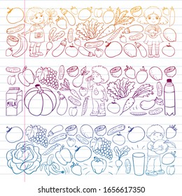 Vector pattern with children eating healthy food. Fruits and vegetables. Kids like milk, dairy products. Pattern for store, mall, menu, cafe, restaurants.
