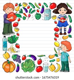Vector pattern with children eating healthy food. Fruits and vegetables. Kids like milk, dairy products. Pattern for store, mall, menu, cafe, restaurants.