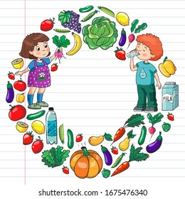 Vector pattern with children eating healthy food. Fruits and vegetables. Kids like milk, dairy products. Pattern for store, mall, menu, cafe, restaurants.