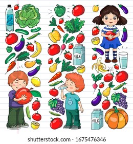 Vector pattern with children eating healthy food. Fruits and vegetables. Kids like milk, dairy products. Pattern for store, mall, menu, cafe, restaurants.