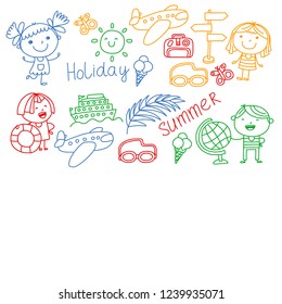 Vector pattern with children icons. Summer vacation at seashore, sea, ocean, beach. Small kids having fun.