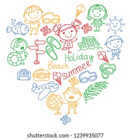 Vector pattern with children icons. Summer vacation at seashore, sea, ocean, beach. Small kids having fun.