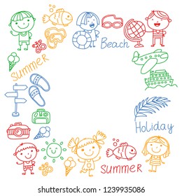 Vector pattern with children icons. Summer vacation at seashore, sea, ocean, beach. Small kids having fun.