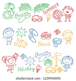 Vector pattern with children icons. Summer vacation at seashore, sea, ocean, beach. Small kids having fun.