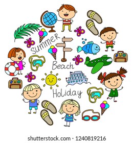 Vector pattern with children icons. Summer vacation at seashore, sea, ocean, beach. Small kids having fun.