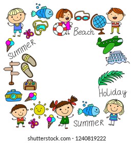 Vector pattern with children icons. Summer vacation at seashore, sea, ocean, beach. Small kids having fun.