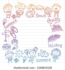 Vector pattern with children icons. Summer vacation at seashore, sea, ocean, beach. Small kids having fun.