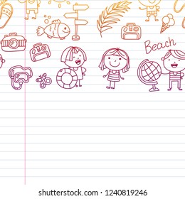 Vector pattern with children icons. Summer vacation at seashore, sea, ocean, beach. Small kids having fun.