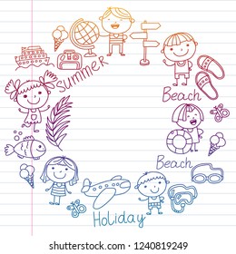 Vector pattern with children icons. Summer vacation at seashore, sea, ocean, beach. Small kids having fun.
