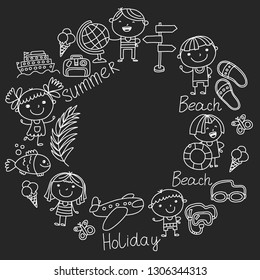 Vector pattern with children icons. Summer vacation at seashore, sea, ocean, beach. Small kids having fun.