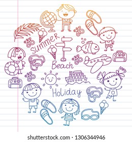 Vector pattern with children icons. Summer vacation at seashore, sea, ocean, beach. Small kids having fun.
