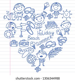 Vector pattern with children icons. Summer vacation at seashore, sea, ocean, beach. Small kids having fun.