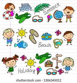 Vector pattern with children icons. Summer vacation at seashore, sea, ocean, beach. Small kids having fun.